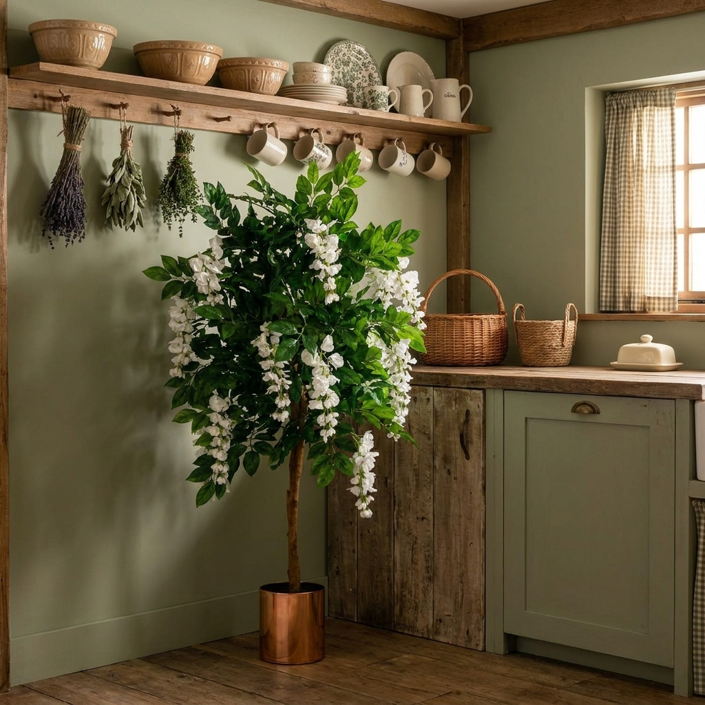 130cm Wisteria Tree in sage cottagecore kitchen