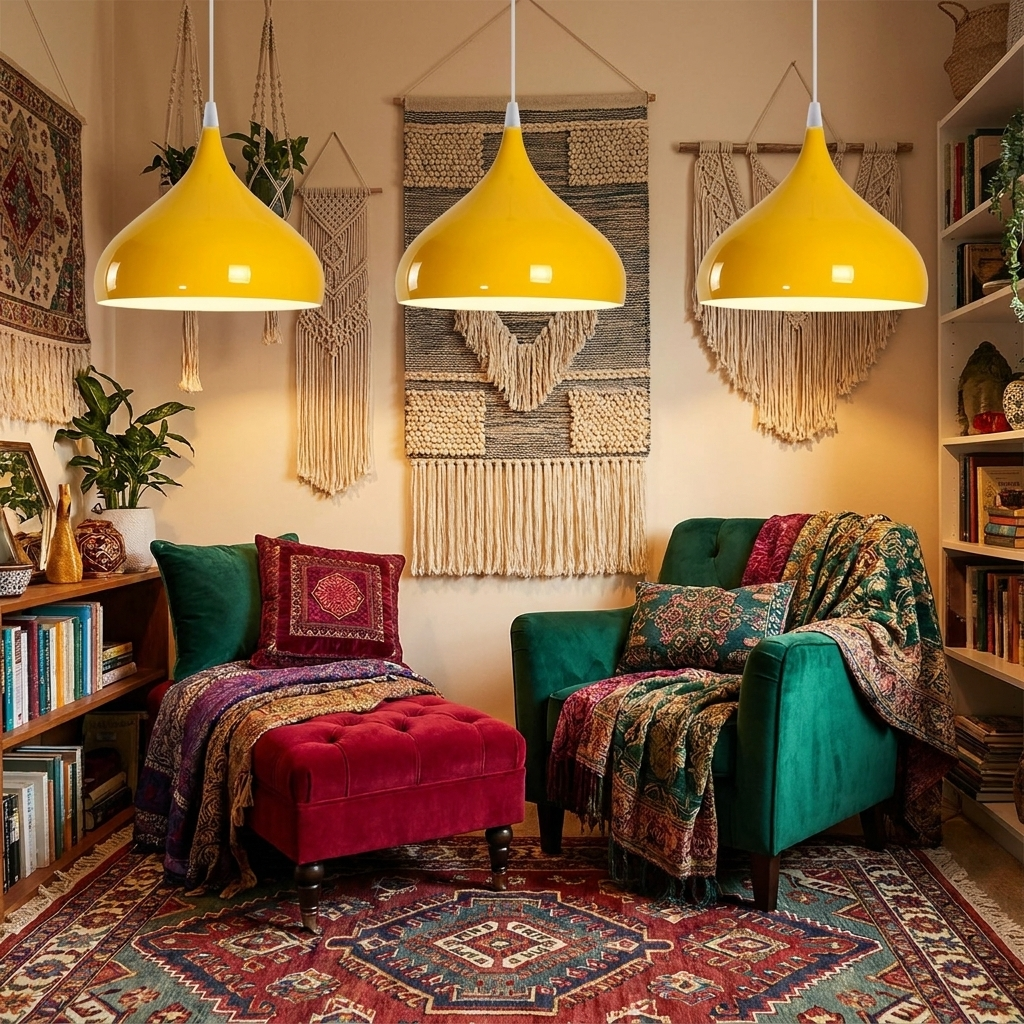 Yellow Vintage Industrial Pendant Light in bohemian living room
