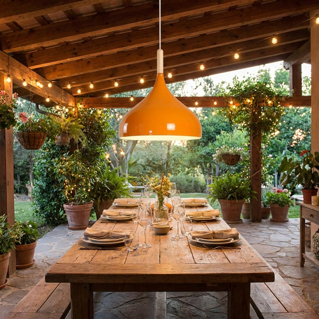 White Vintage Industrial Pendant Light on outdoor patio