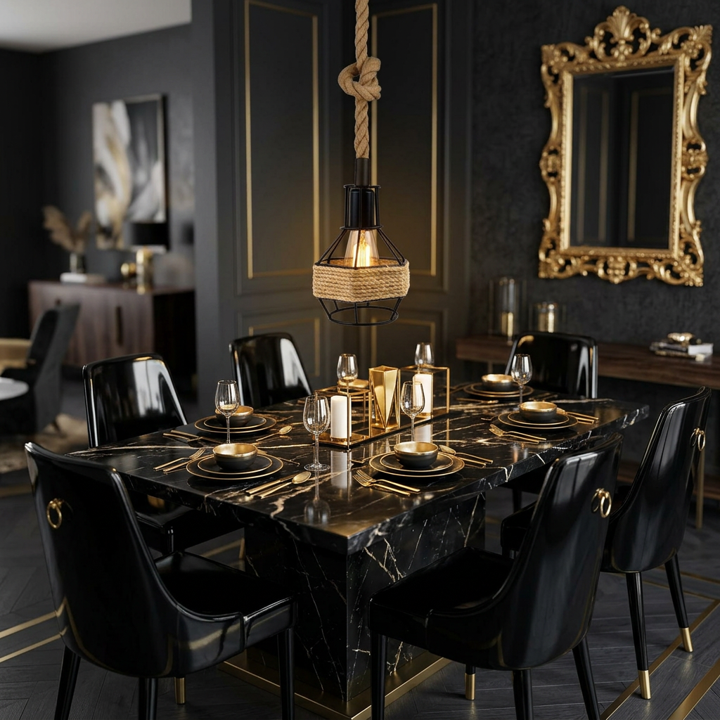 Vintage Pendant Shade Hemp in black-gold glam dining room