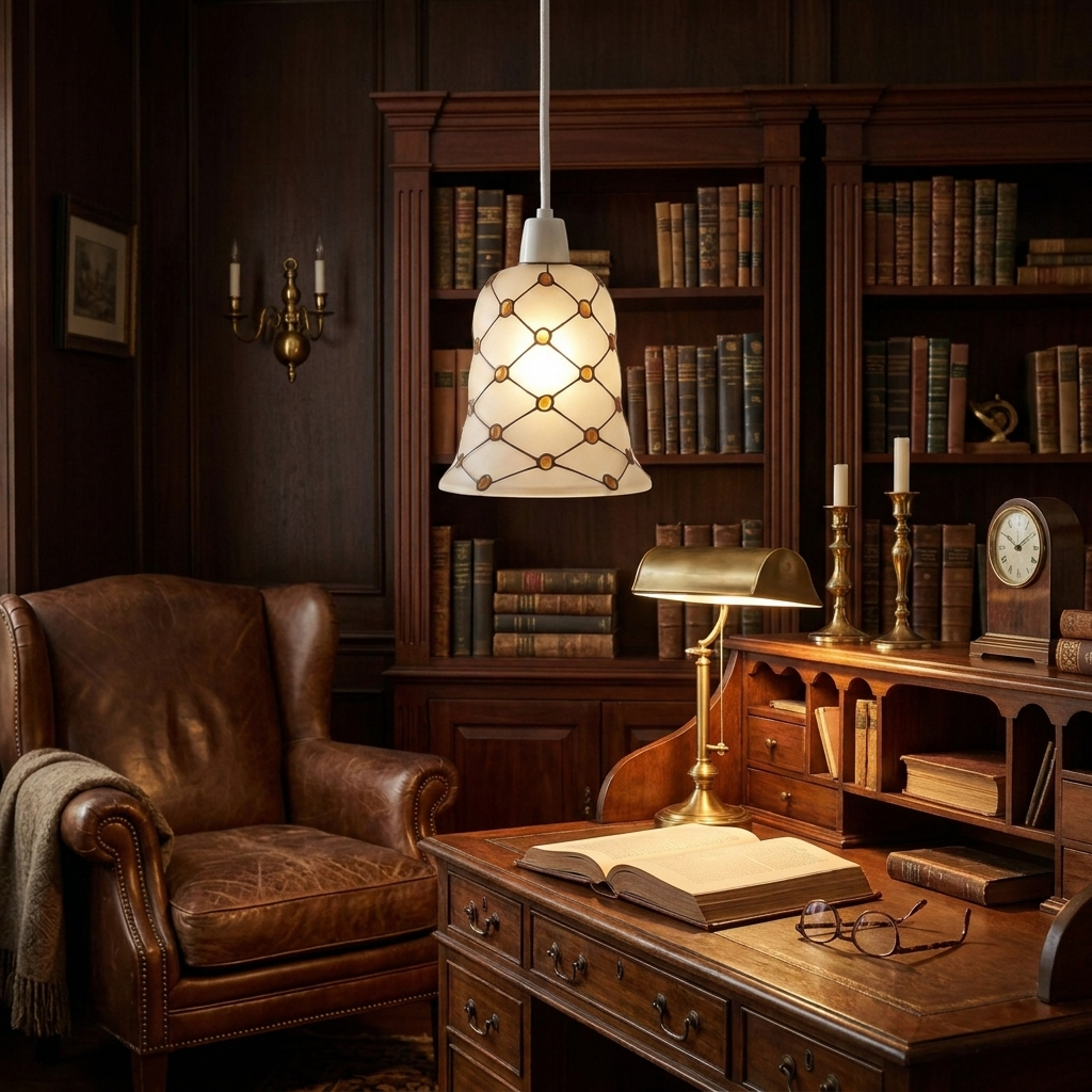 Frosted Glass Bell Lamp Shade in dark academia study