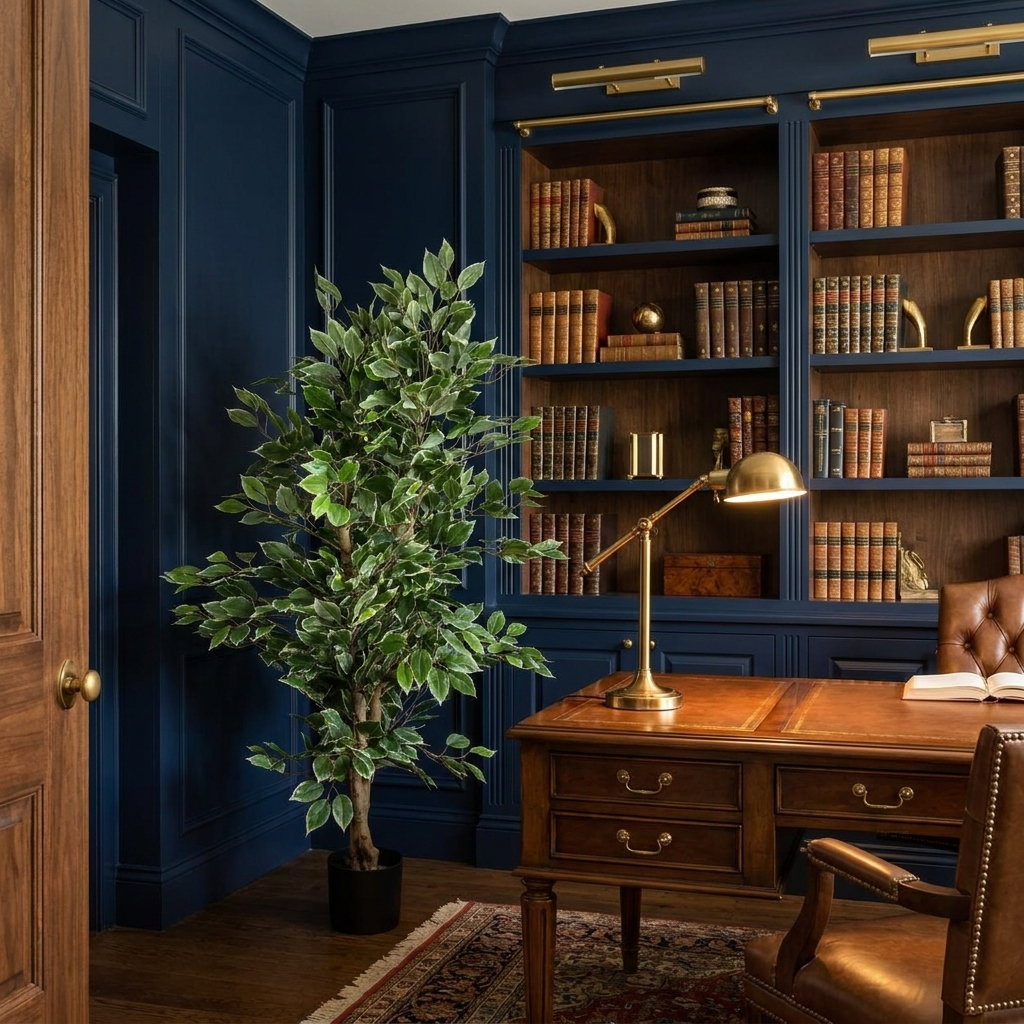 Artificial 130cm Leaf Realistic Ficus Tree in navy gold study
