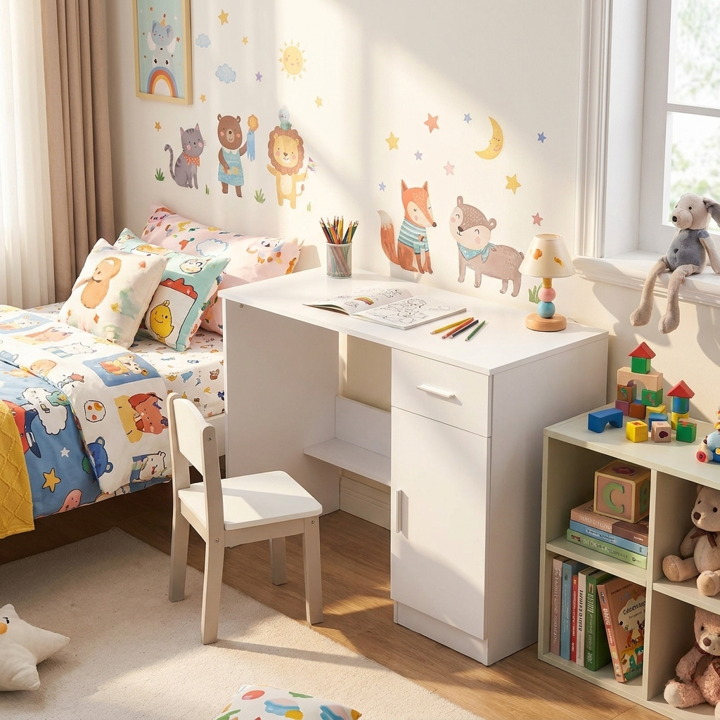 Small Desk with Drawer, Kids Desk for Bedroom, Wooden Study Table for Drawing, Reading, Writing, Rectangle MDF Study Storage Table with Adjustable Shelf, White