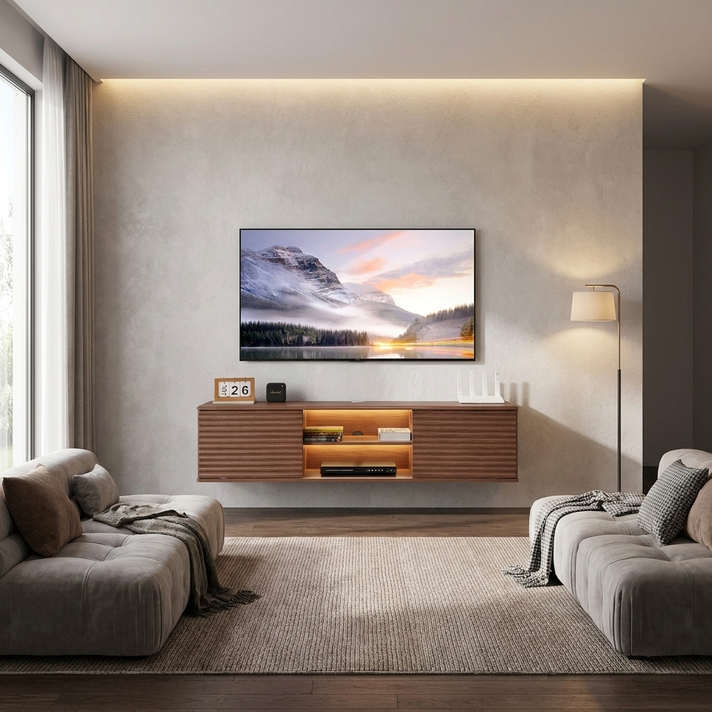 Floating TV Stand, 60" Wall Mount Entertainment Center with Adjustable Shelf & Sliding Doors, 2 Tiers Floating TV Shelf with Storage Cabinet for DVD Player, Cable Box, Game Console, Walnut