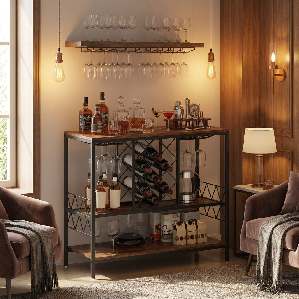 40 Inch Industrial Bar Cabinet, Wine Table for Liquor and Glasses, Sideboard Buffet Cabinet with Glass Holder & Wine Rack, Freestanding Farmhouse Wood Coffee Bar Cabinet for Living Room Home Bar