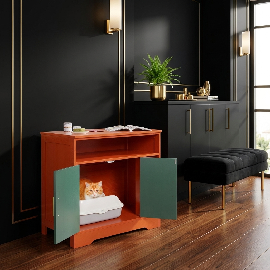 Cat Litter Box Enclosure, 31 in Hidden Litter Box Cabinet with Shelf & Storage, Modern Style Indoor Cat Washroom, Wooden Kitty House Furniture End Table, Fit Most Litterboxes, Red & Green