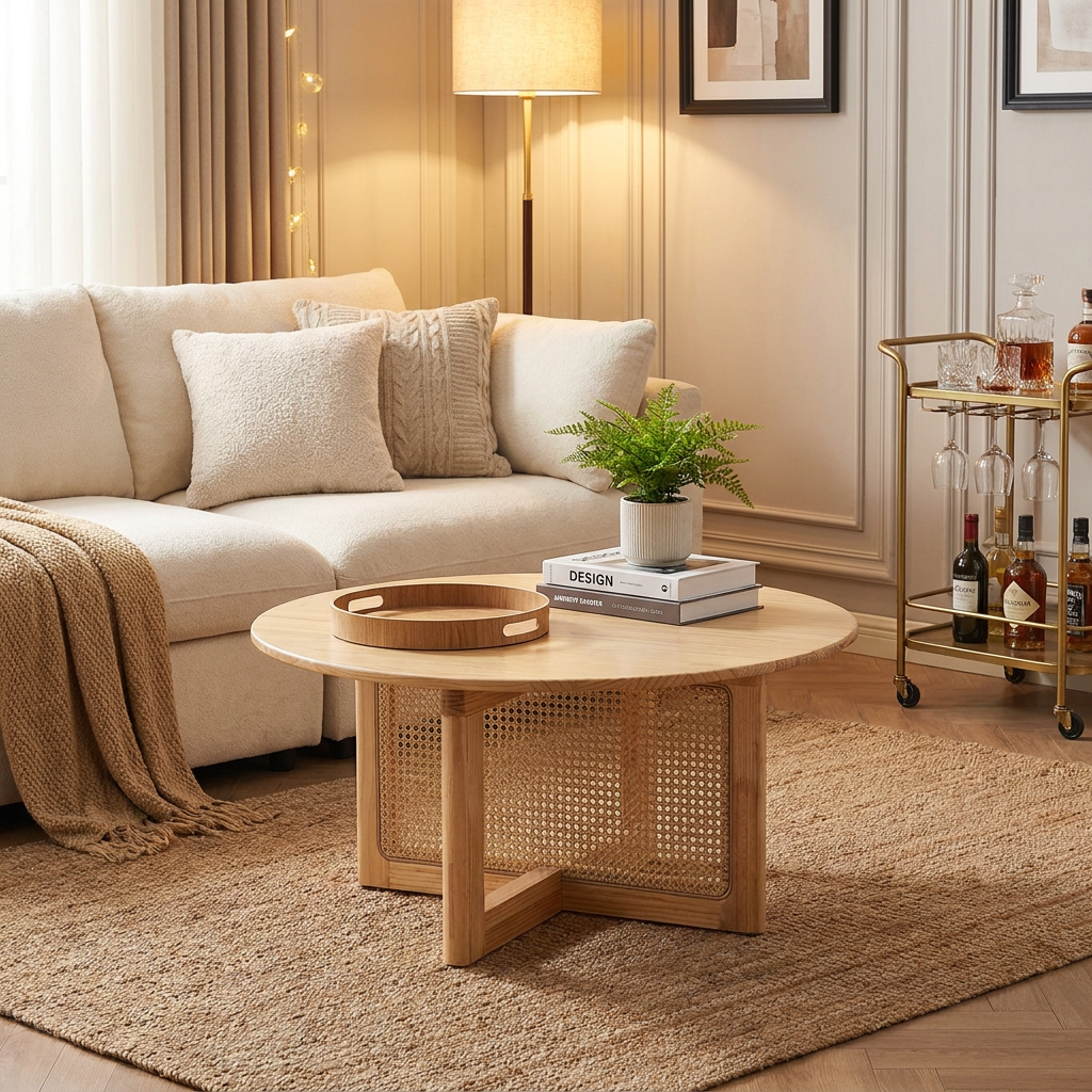 Rattan Coffee Table, Round Rattan Woven Wood Coffee Table with Rubber Wood Top, 33 in Modern Boho Circular Storage Coffee Table with Natural Wood Legs, for Living Room, Bedroom & Small Spaces