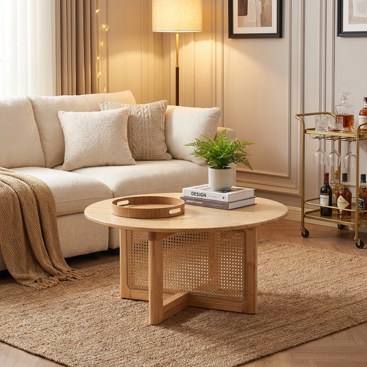 Rattan Coffee Table, Round Rattan Woven Wood Coffee Table with Rubber Wood Top, 33 in Modern Boho Circular Storage Coffee Table with Natural Wood Legs, for Living Room, Bedroom & Small Spaces