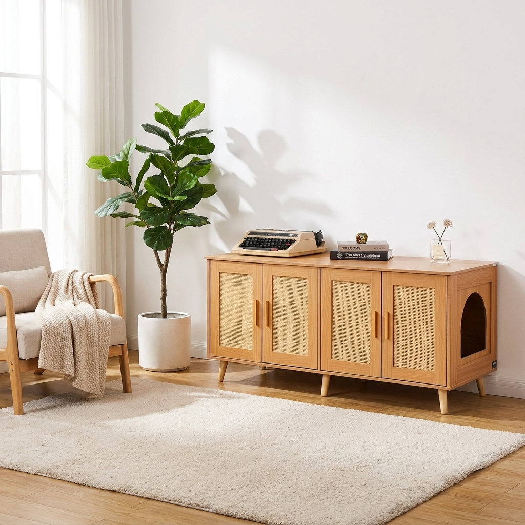 Cat Litter Box Enclosure for 2 Cats, Litter Box Furniture Hidden with Rattan Decorated Doors, Wooden Cat Box Cabinet Fit Most of Litter Box, 47.2"L x 19.7"W x 21.7"H, Natural