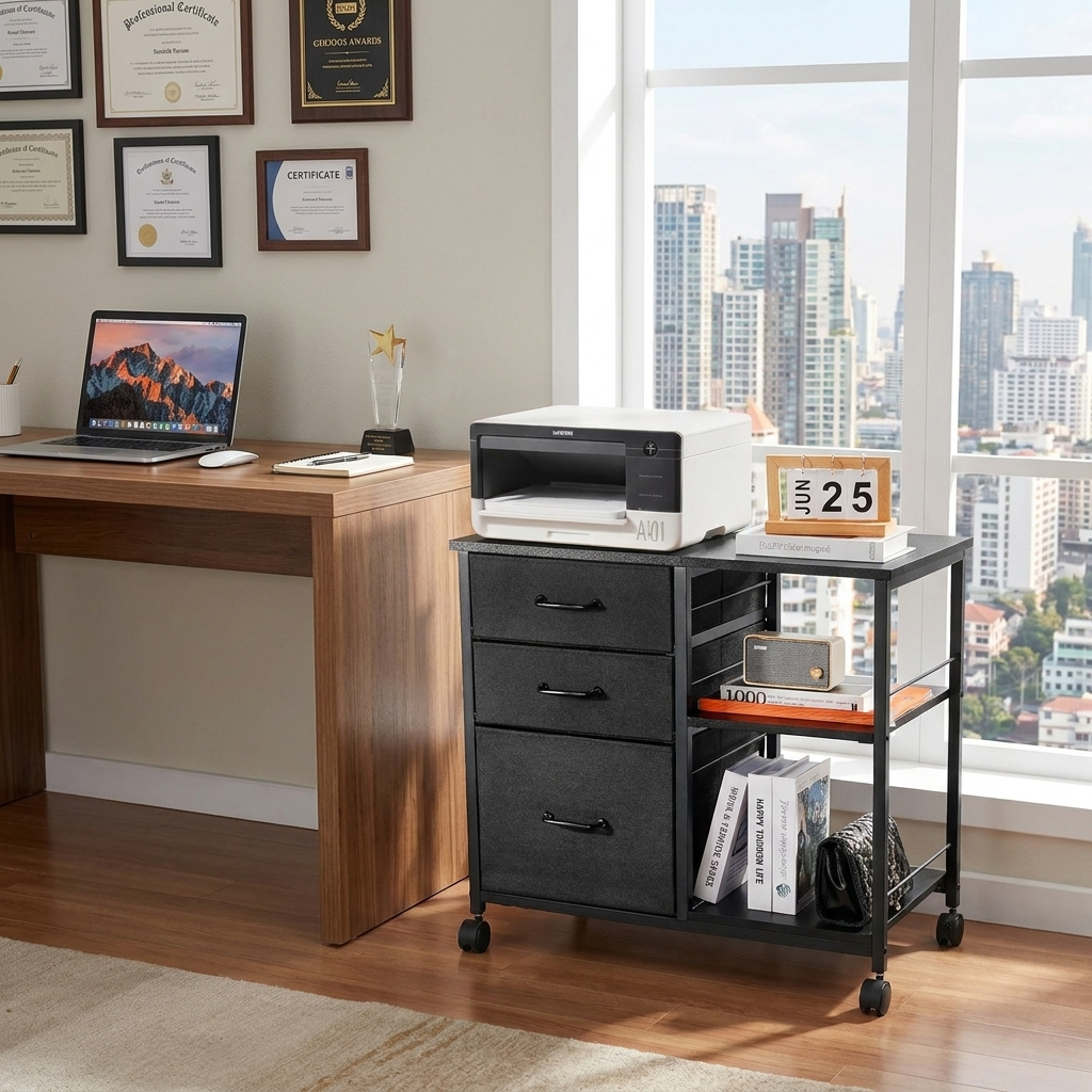 Metal File Cabinet, Mobile Filing Cabinet with 3 Fabric Drawers and 2 Open Shelves, Wooden Vertical Filing Storage Cabinets with Wheels for Letter, A4, Legal Size File, Easy Assembly, Black