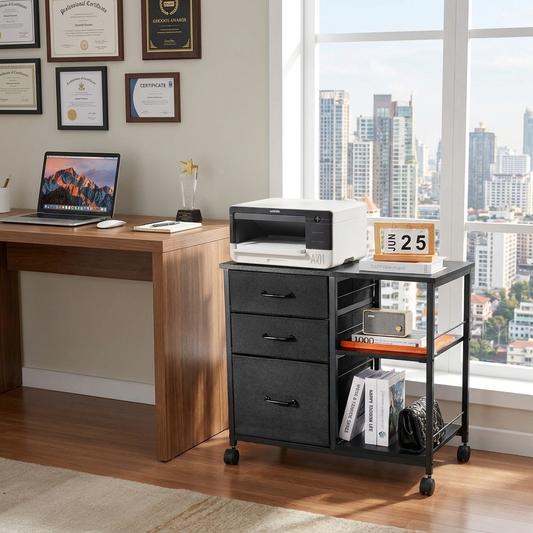 Metal File Cabinet, Mobile Filing Cabinet with 3 Fabric Drawers and 2 Open Shelves, Wooden Vertical Filing Storage Cabinets with Wheels for Letter, A4, Legal Size File, Easy Assembly, Black