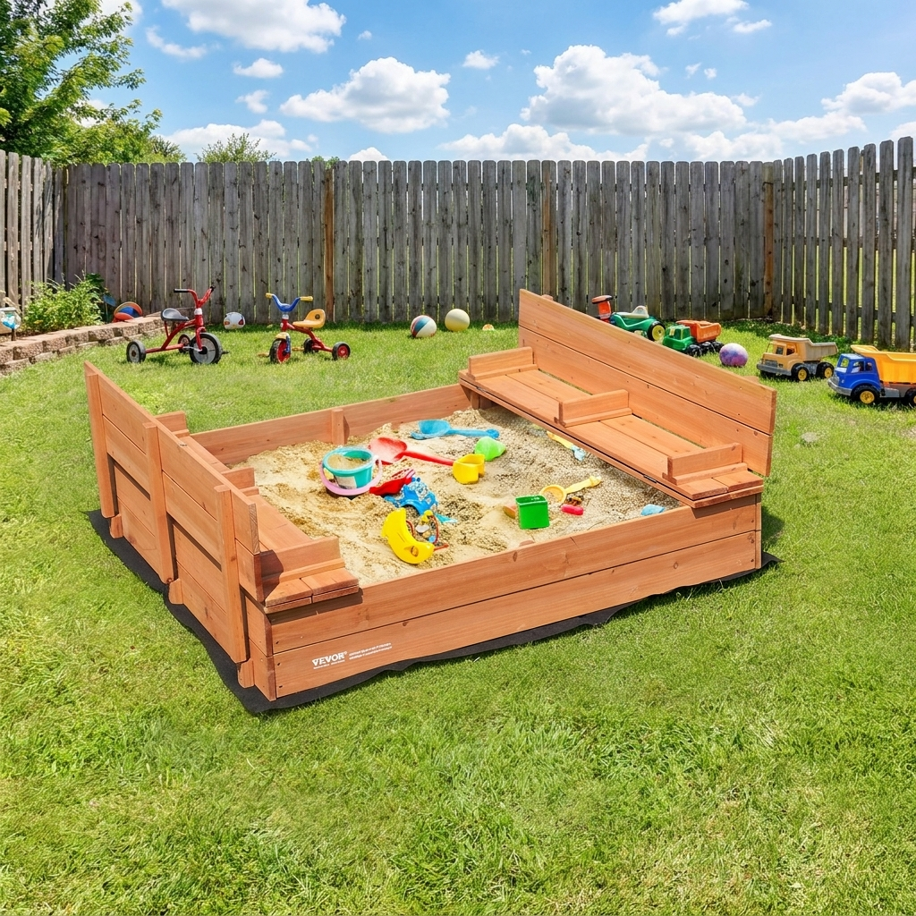 Wooden Sandbox, 52.4 x 47.2 x 16.9 in Sand Box, Sand Pit with Foldable Bench Seats and Bottom Liner, Natural Wood Kids Sandbox for Outdoor Backyard, Beach, Park, Gift for Boys Girls Ages 3-12