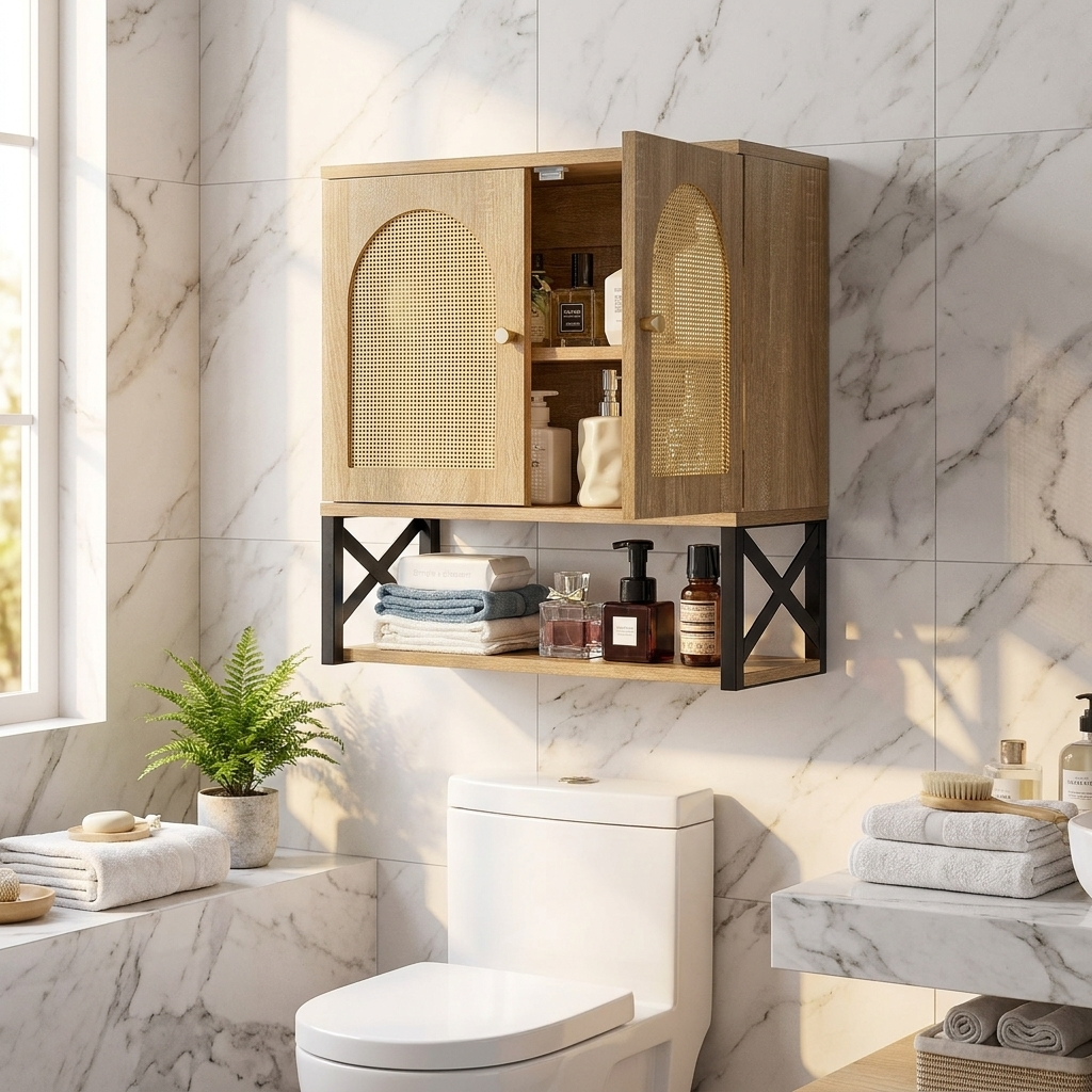 Bathroom Wall Cabinet, with 2 Doors and Adjustable Shelf, Over the Toilet Storage Medicine Cabinet Wall Mounted, Hanging Organizer with Shelves & Open Partition for Laundry Room Kitchen Restroom
