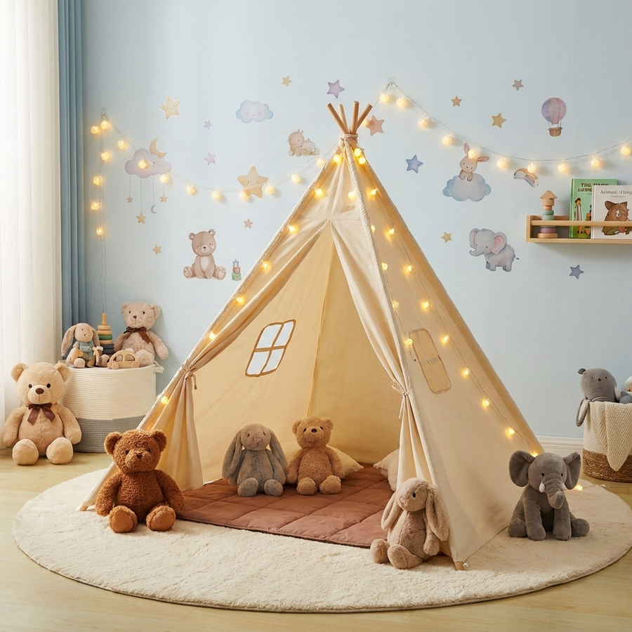 Kids Play Tent, Teepee Tent for Kids 1-5 Years Old, Toddler Tent with Mat and Plush Decorative Balls, Tent for Kids with Windows for Indoor and Outdoor, for Boys and Girls, Beige