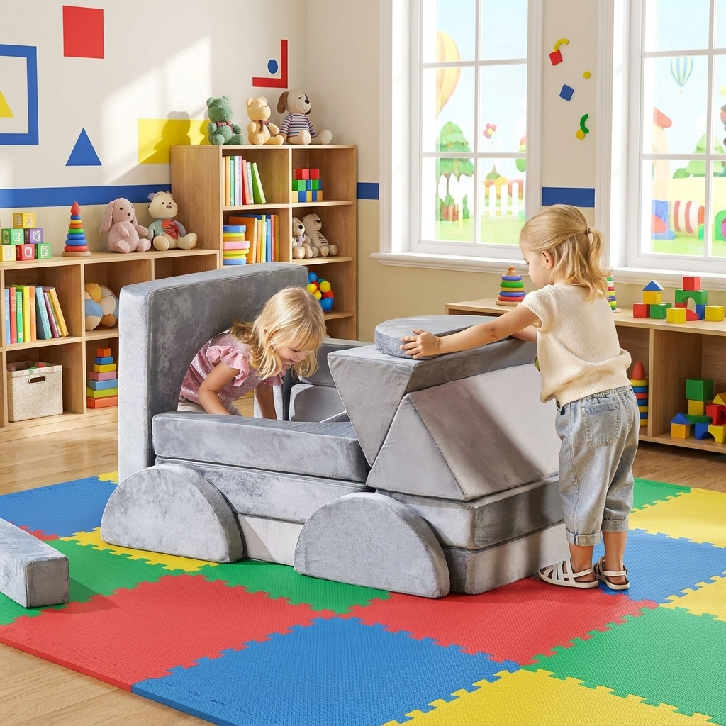 CuddleFlora Modular Kids Play Couch, Sectional Toddler Sofa with Armrests, 28D Sponge & Short Pile, Convertible Kids Modular Couch DIY Creative Combination for Playroom, Bedroom, Living Room, 14 Pcs, Gray