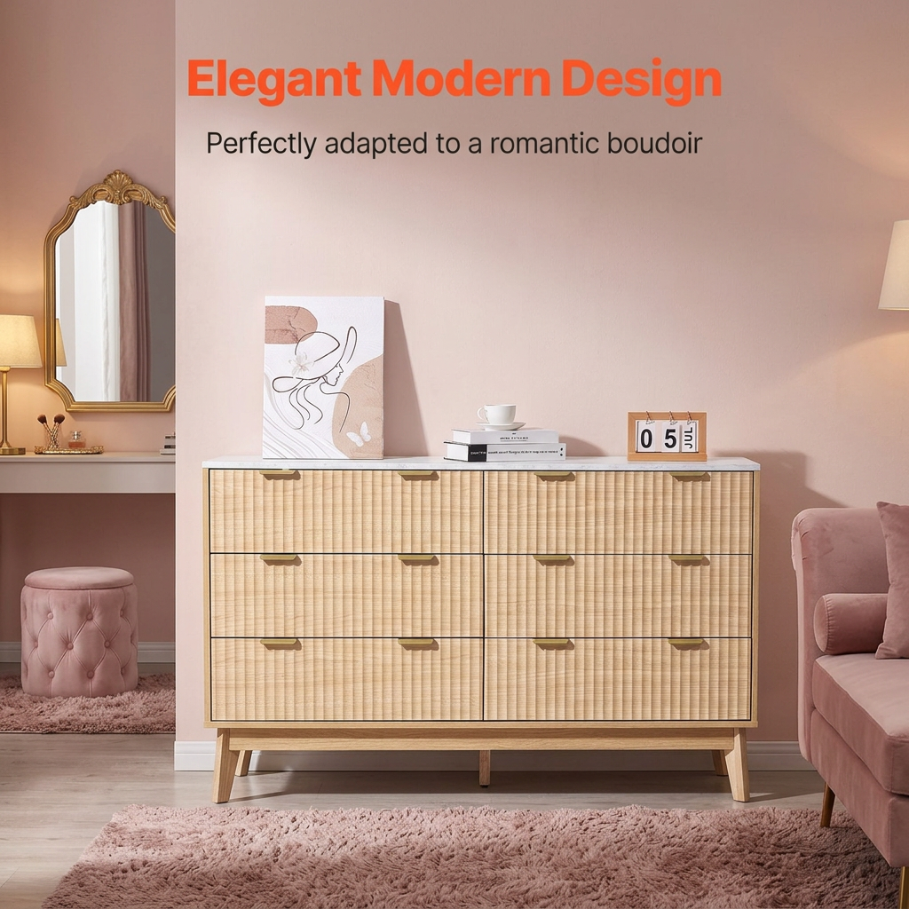 CuddleFlora 6 Fluted Drawer Dresser, Wooden Chest of Drawers with Sliding & Anti-tip Device, Modern Minimalist Dresser Chest, Fluted Closet Storage for Living Room, Hallway, Bedroom, Entryway, Light Wood
