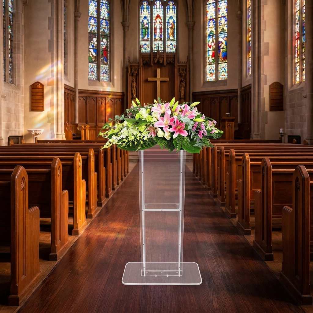 CuddleFlora Acrylic Podium, 119 cm Tall, Clear Acrylic Podium Stand with Wide Reading Surface & Storage Shelf, Floor-standing Clear Pulpits Acrylic for Church Office School