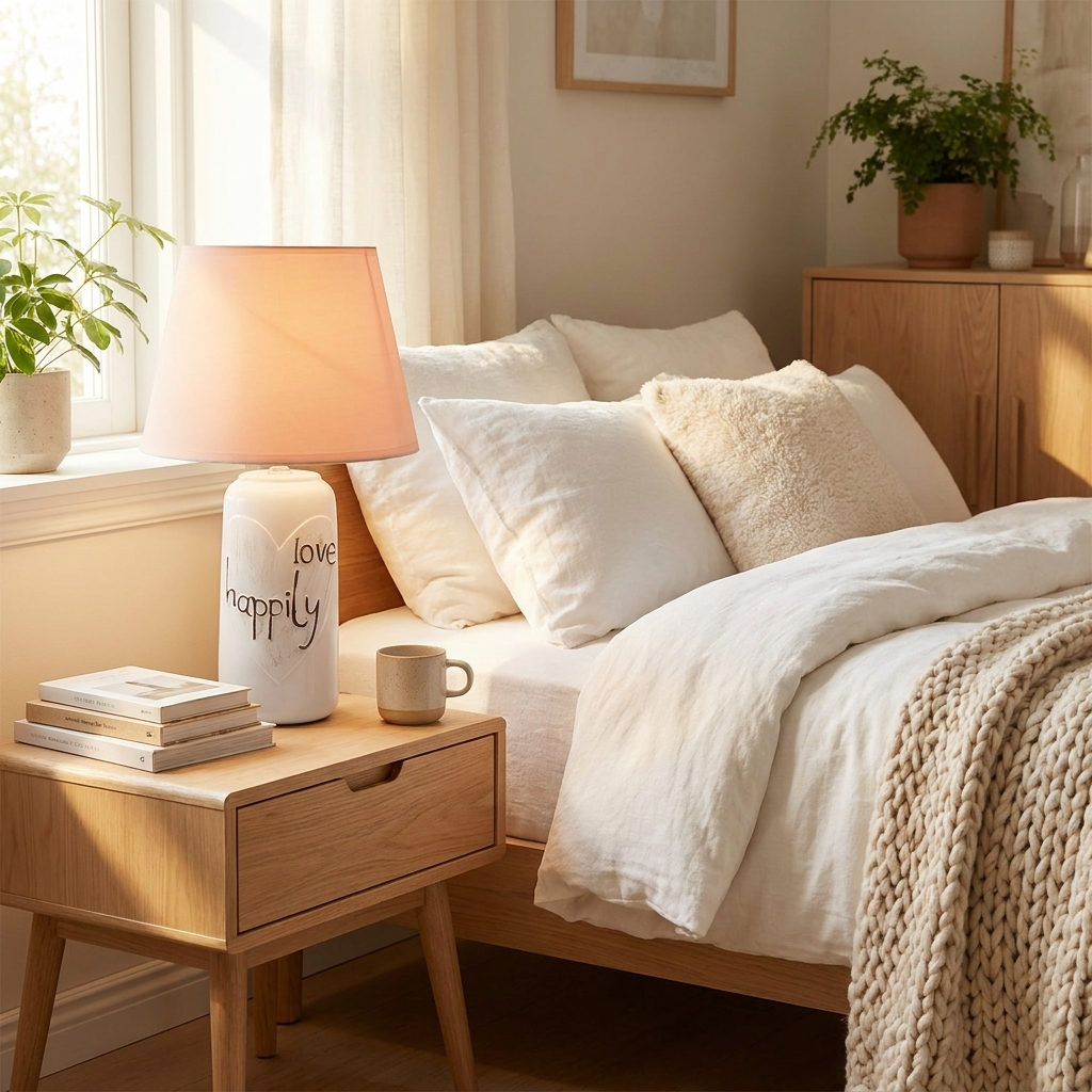 CuddleFlora Bedside Reading Table Lamp, Modern Minimalist Ceramic Base with Fabric Shade, E27 Socket, for Bedroom, Living Room & Office