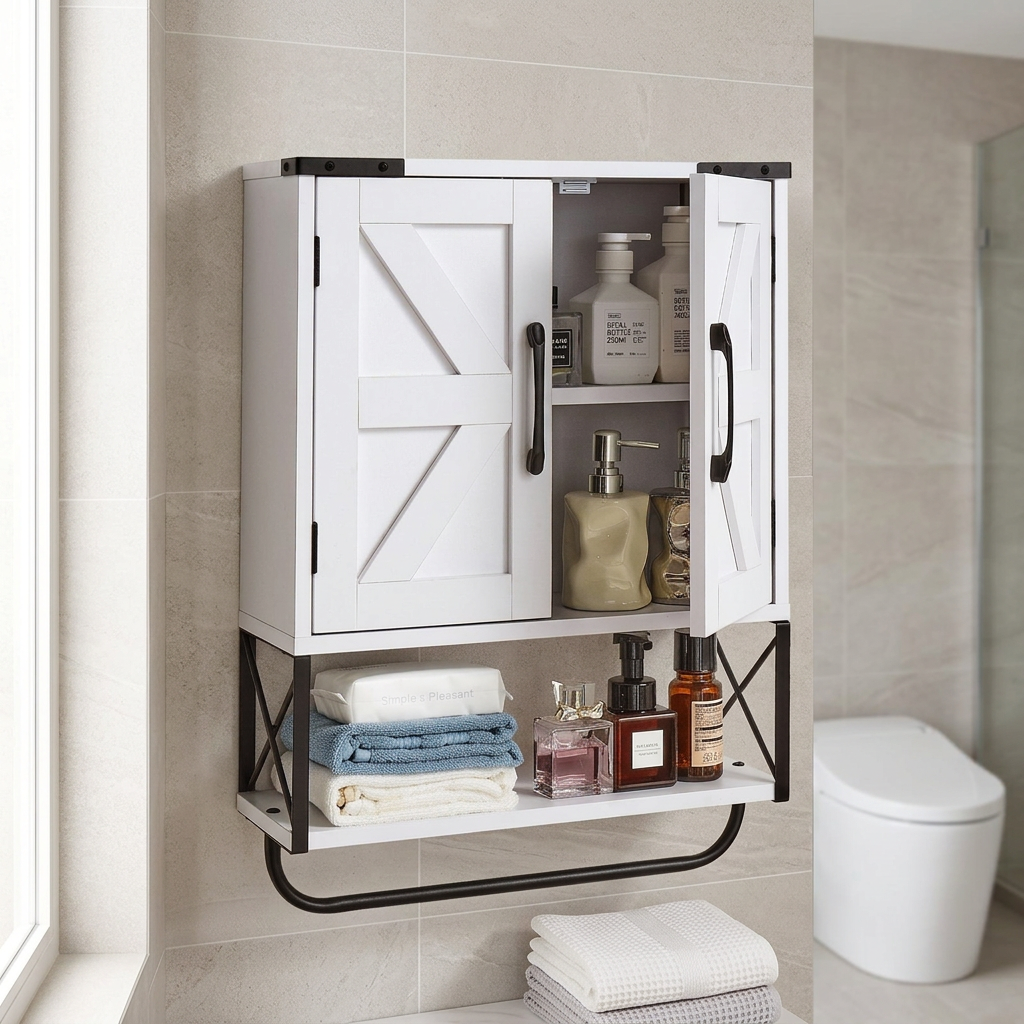 CuddleFlora Bathroom Wall Cabinet, with 2 Doors & Adjustable Shelf, Over the Toilet Storage Medicine Cabinet Wall Mounted, Hanging Organizer with Open Partition & Towel Bar for Laundry Room Kitchen, White