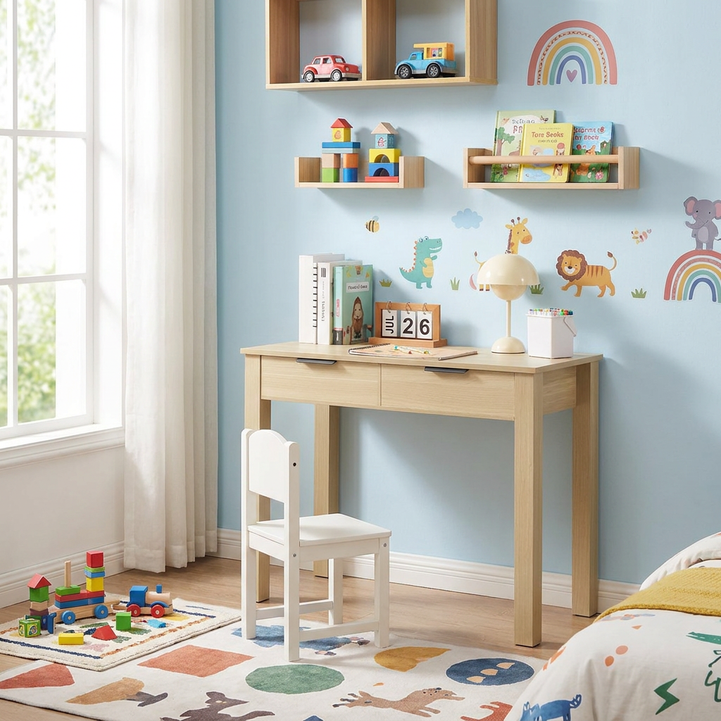 CuddleFlora Small Desk with Drawers, Kids Desk for Bedroom, Modern Simple Study Table for Drawing, Reading, Writing, Rectangle MDF Furniture Study Storage Table for Home, Office, Light Wood