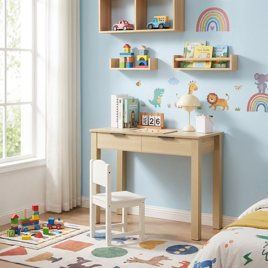 Small Desk with Drawers, Kids Desk for Bedroom, Modern Simple Study Table for Drawing, Reading, Writing, Rectangle MDF Furniture Study Storage Table for Home, Office, Light Wood