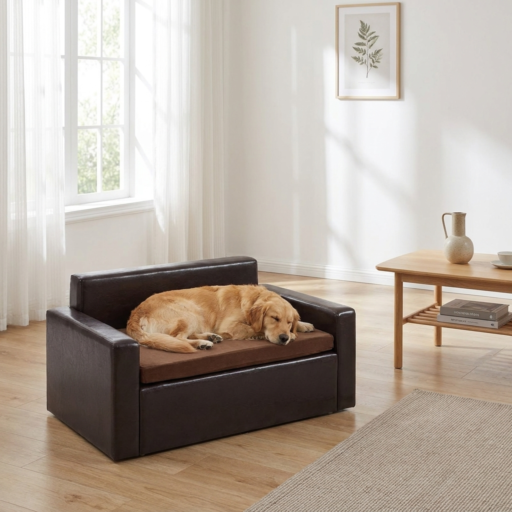 CuddleFlora Soft Leather Pet Sofa, Dog and Cat Couch for Medium-Sized Pets, 110lbs Capacity, Black