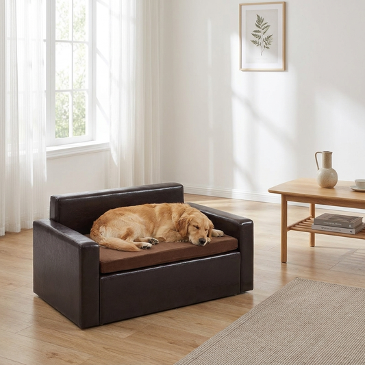 Soft Leather Pet Sofa, Dog and Cat Couch for Medium-Sized Pets, 110lbs Weight Capacity, Comfortable Pet Furniture for Living Room & Bedroom, Black