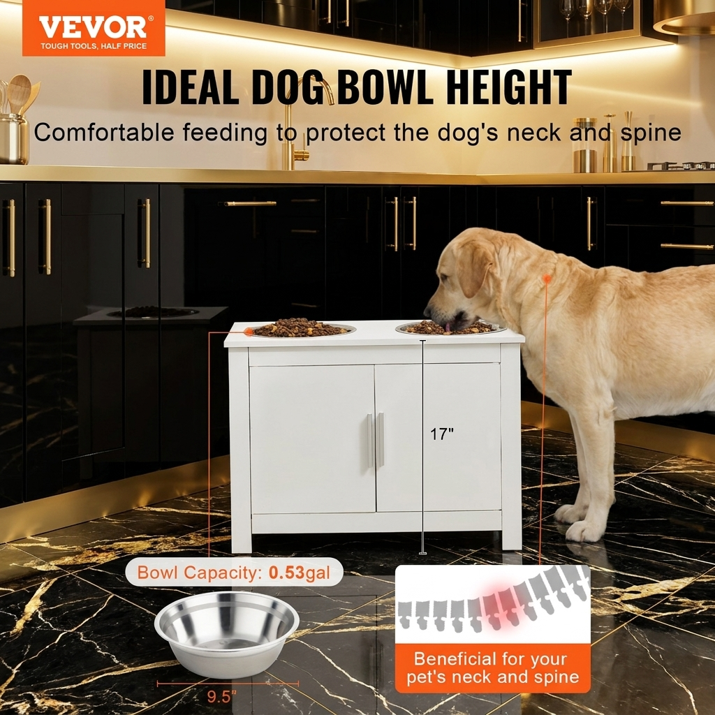 CuddleFlora Modern Pet Feeding Station, 2 Steel Bowls, Storage