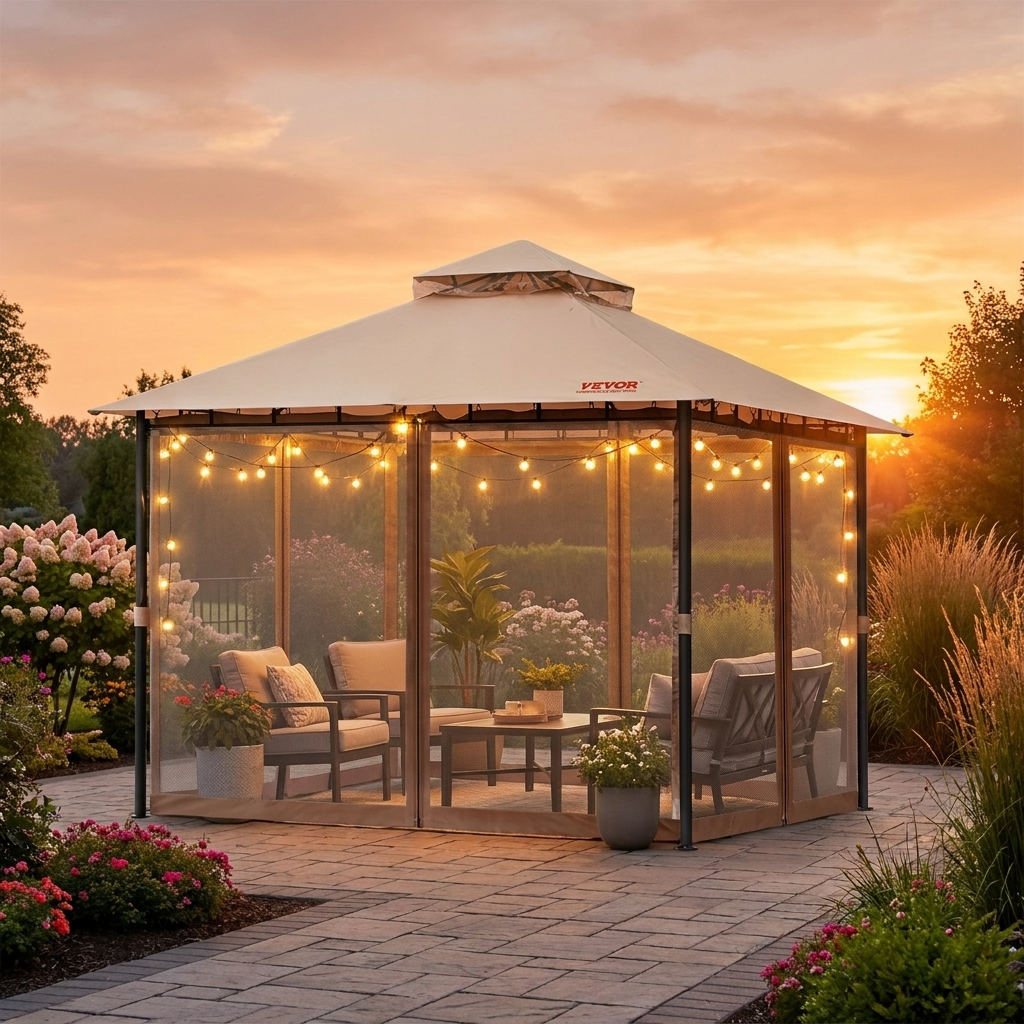 CuddleFlora Patio Gazebo for 6-8 Person, 10 x 10 FT Backyard Gazebo, with Mosquito Netting, Metal Frame, and PU Coated 180G Polyester, Outdoor Canopy Shelter for Patio, Backyard, Lawn, Garden, Deck