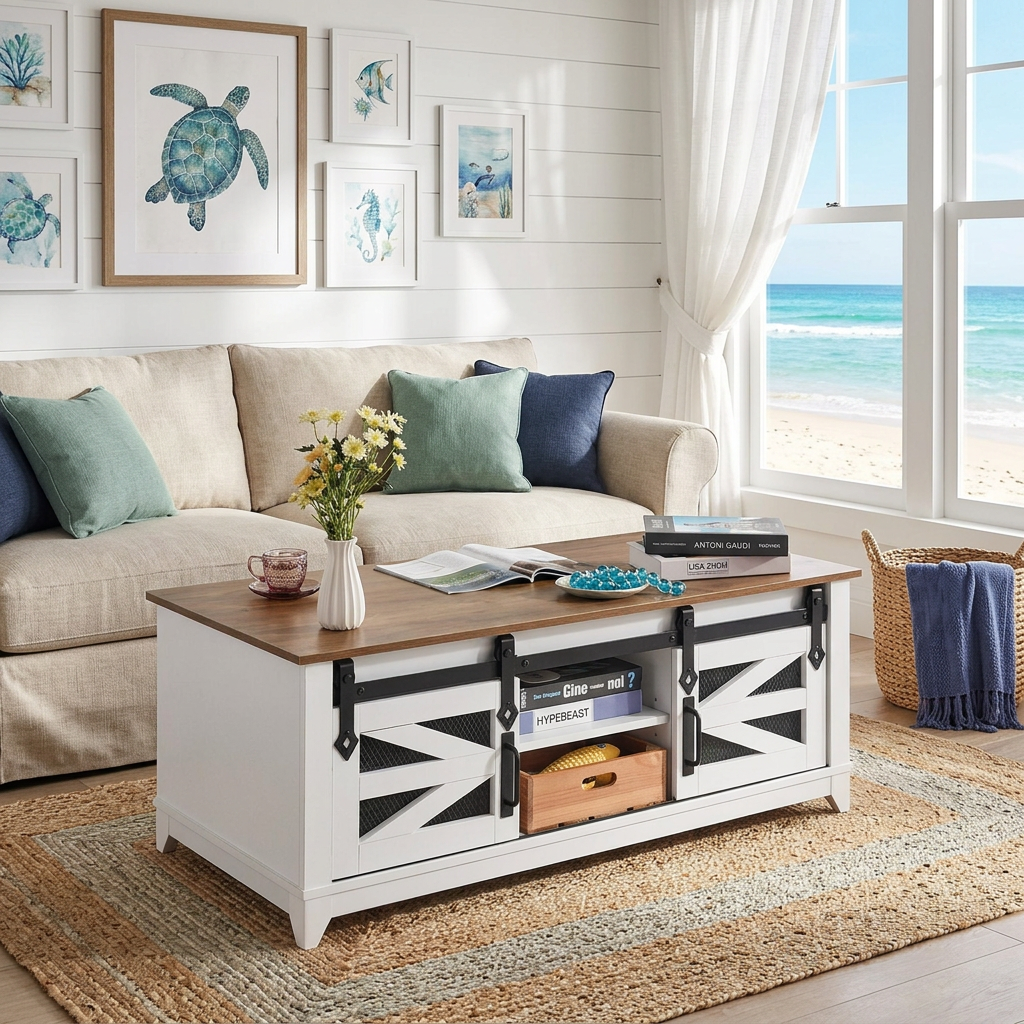 CuddleFlora 48" Farmhouse Coffee Table, Rectangle Coffee Table with 2 Sliding Barn Doors, 2 Tiers Wooden Rustic Table with Removable Shelves for Living Room, Bedroom, Apartment, or Studio, White & Natural