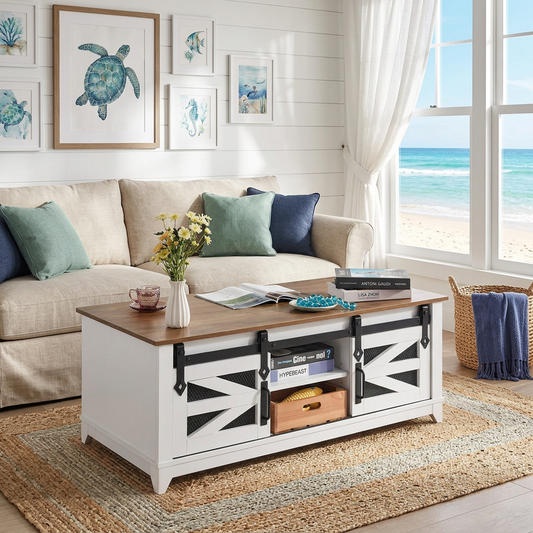 48" Farmhouse Coffee Table, Rectangle Coffee Table with 2 Sliding Barn Doors, 2 Tiers Wooden Rustic Table with Removable Shelves for Living Room, Bedroom, Apartment, or Studio, White & Natural