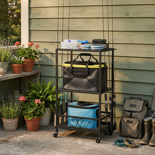 Mobile Fishing Rod Rack Cart with Wheels, Rolling Storage Organizer that Holds 10 Rods and Gear, Portable Fishing Tackle Cart for Garage & Outdoors