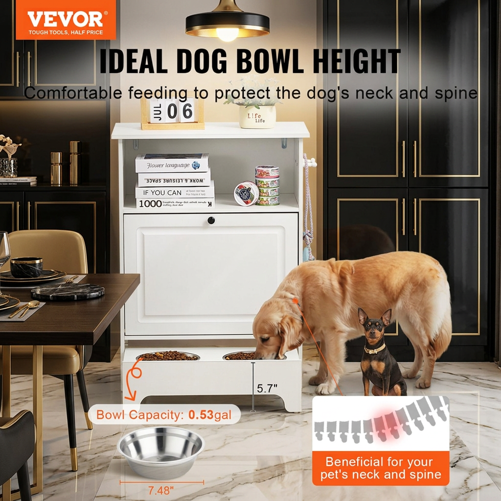 CuddleFlora Elevated Pet Feeding Station with Tilt-Out Storage Cabinet and Toy Organizer, 2 Stainless Steel Bowls