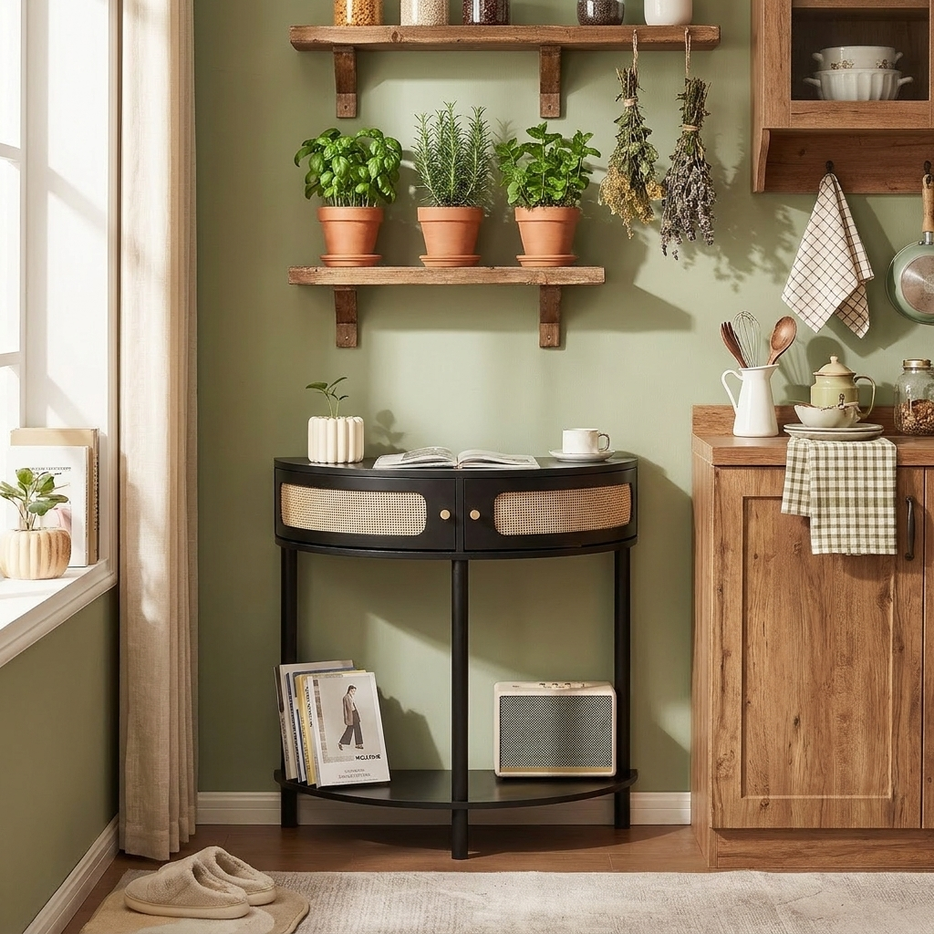 VEVOR Half-moon Rattan Console Table lifestyle scene