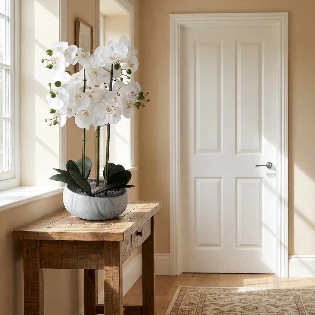 White Orchid in Marble-Effect Ceramic Pot, 60cm