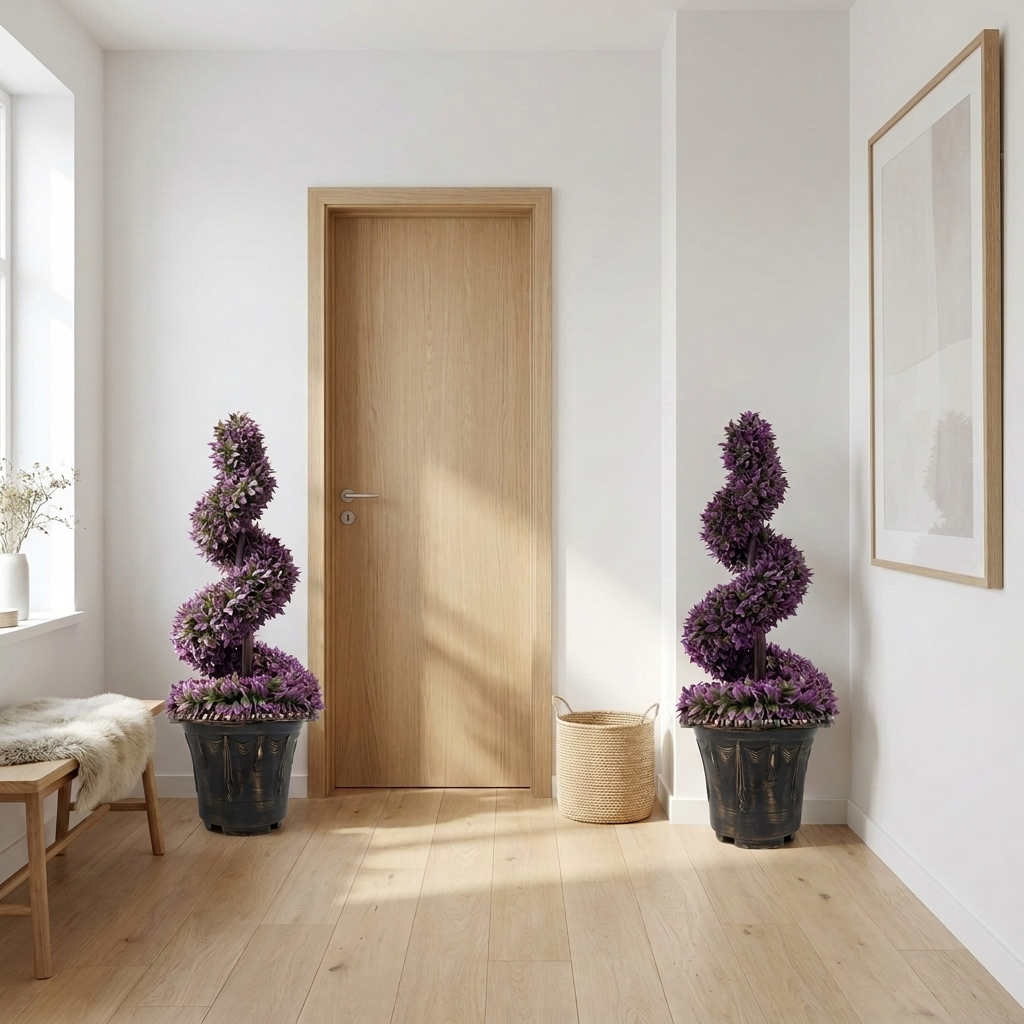 90cm Purple Spiral Topiary Trees, Pair with Planters