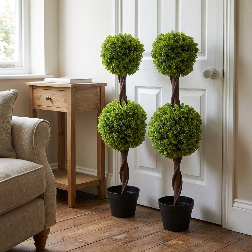 Pair of Green Double Ball Topiary Trees, 90cm