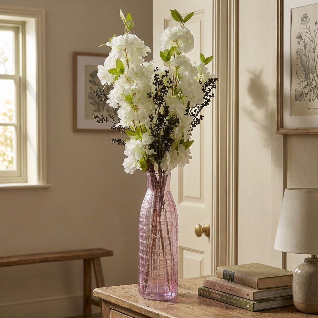 Leaf 100cm White Artificial Blossom and Berries Glass Vase - lifestyle scale photo