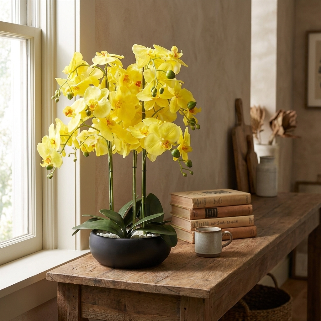 Orchid Yellow - Black Ceramic Planter - lifestyle scale photo