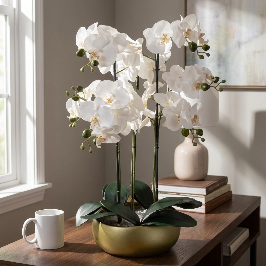 Orchid White - Gold Ceramic Planter - lifestyle scale photo