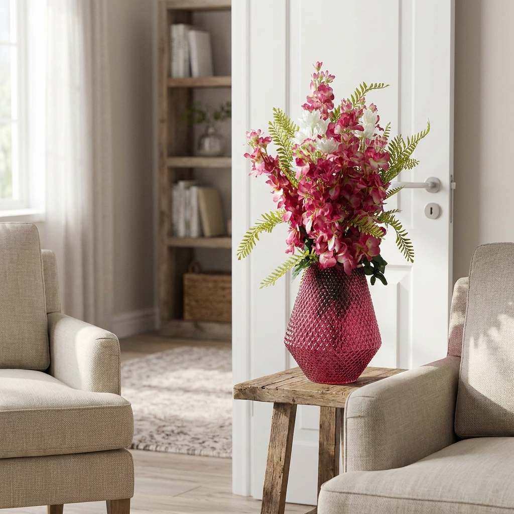 70cm Dark Pink Delphinium Arrangement Kit, Glass Vase