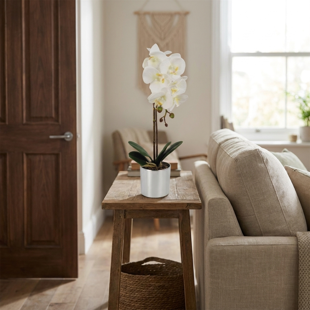 Artificial White Orchid in Silver Pot, 46cm