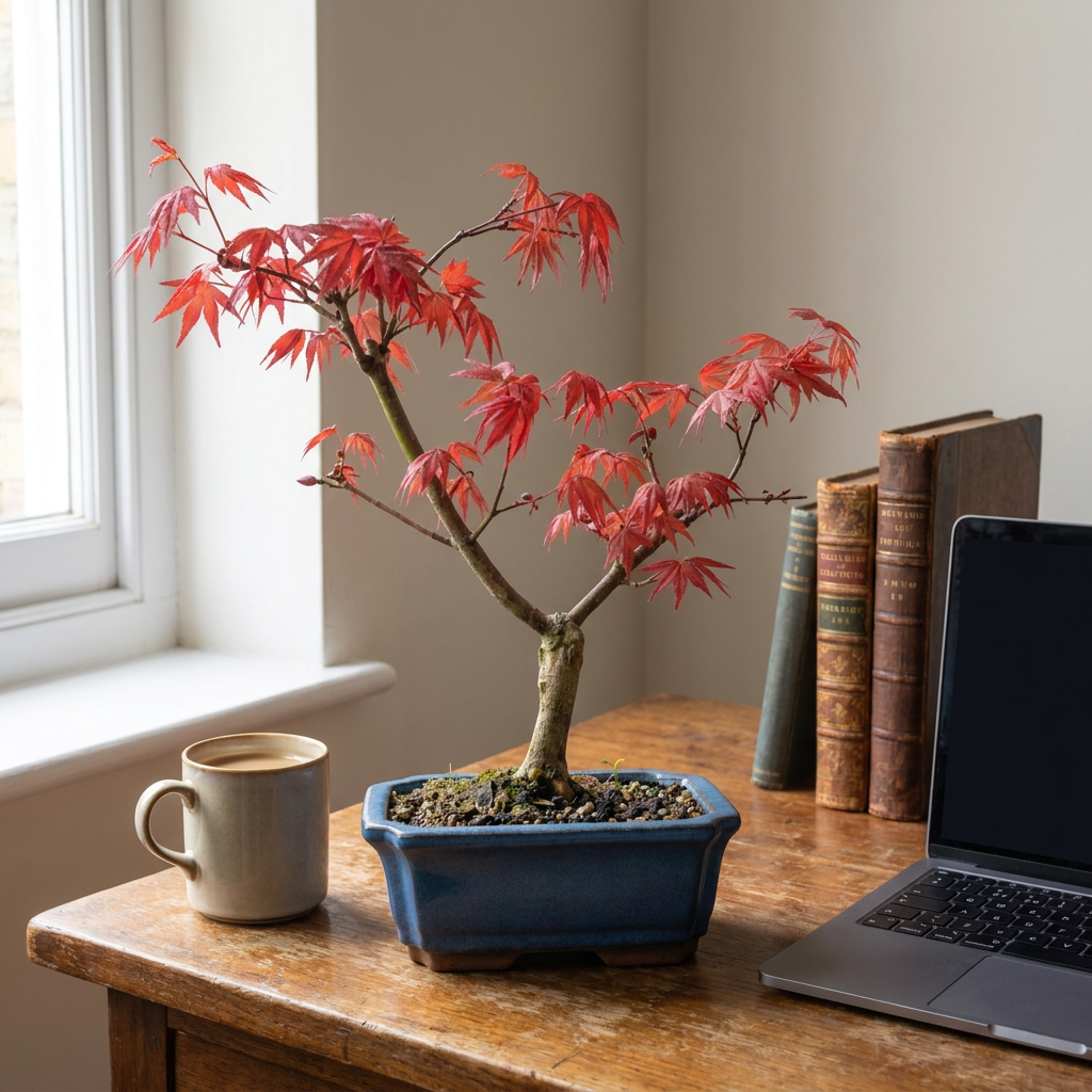 Japanese Maple Deshojo Bonsai Tree - true scale tabletop lifestyle photo
