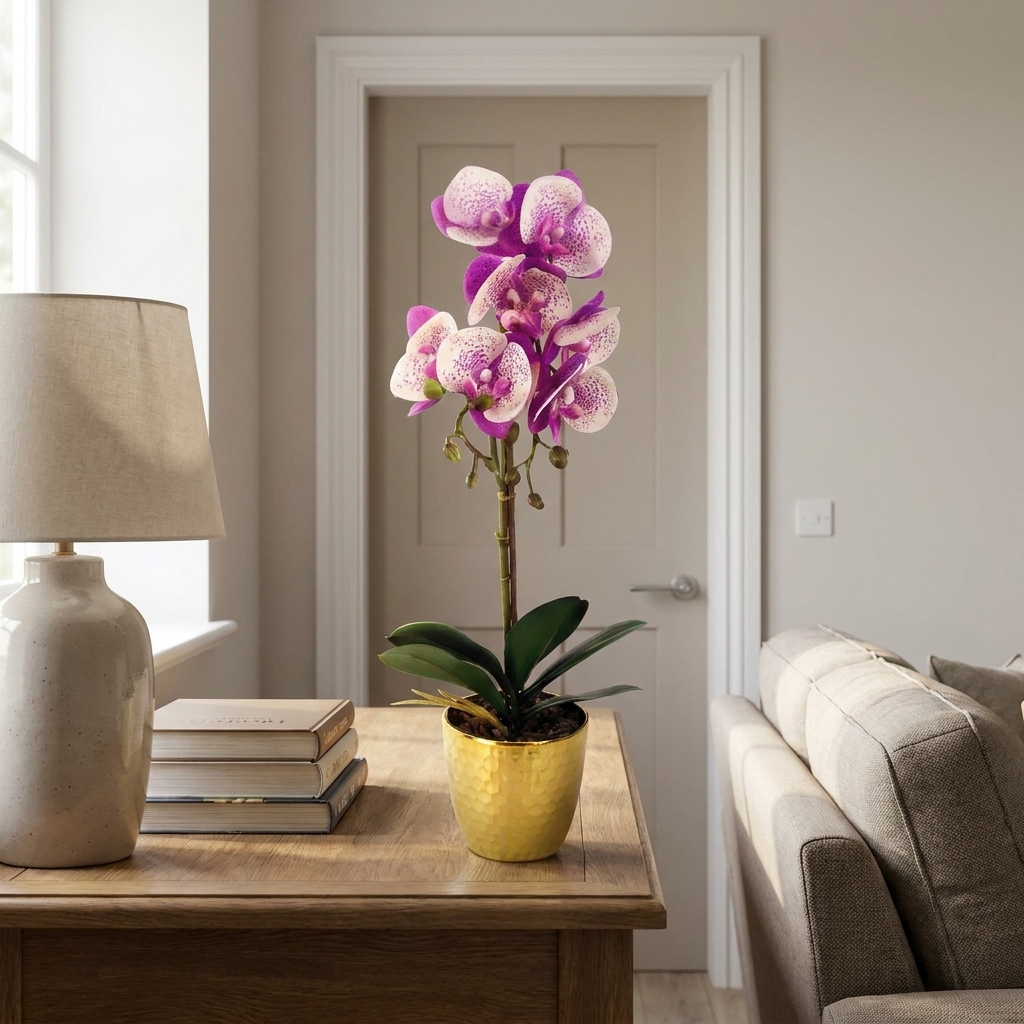 Purple & White Orchid, Gold Honeycomb Pot, 50cm - true scale lifestyle photo