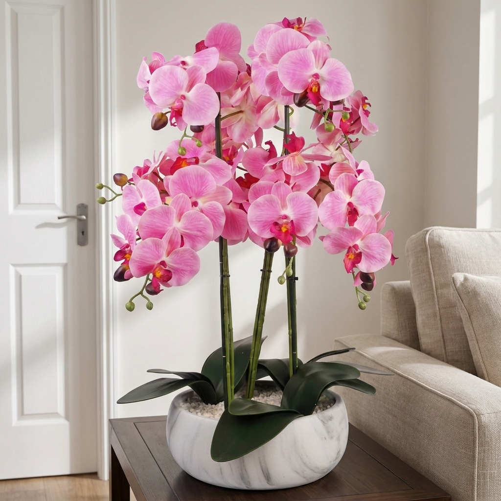 Pink Orchid in Marble-Effect Ceramic Planter, 60cm - true scale lifestyle photo