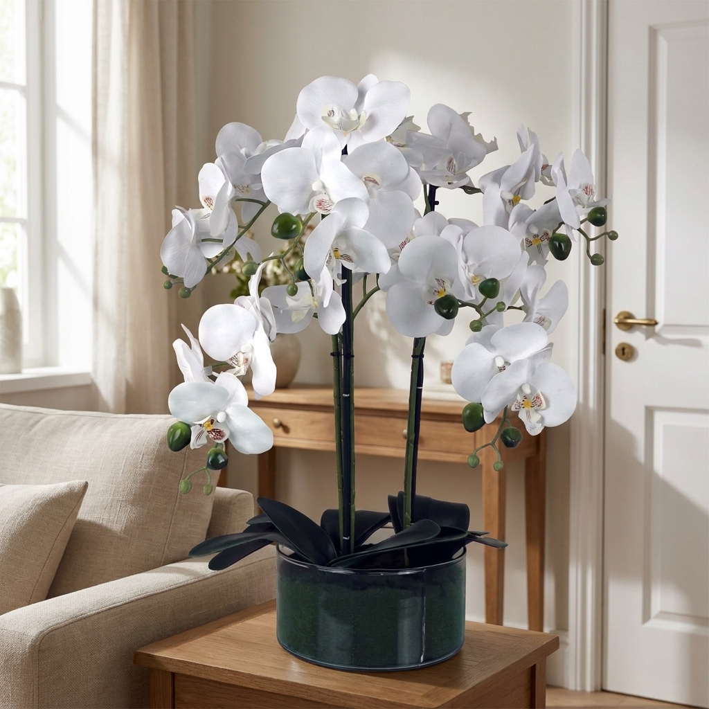 White Orchid in Glass Planter, 50cm - true scale lifestyle photo