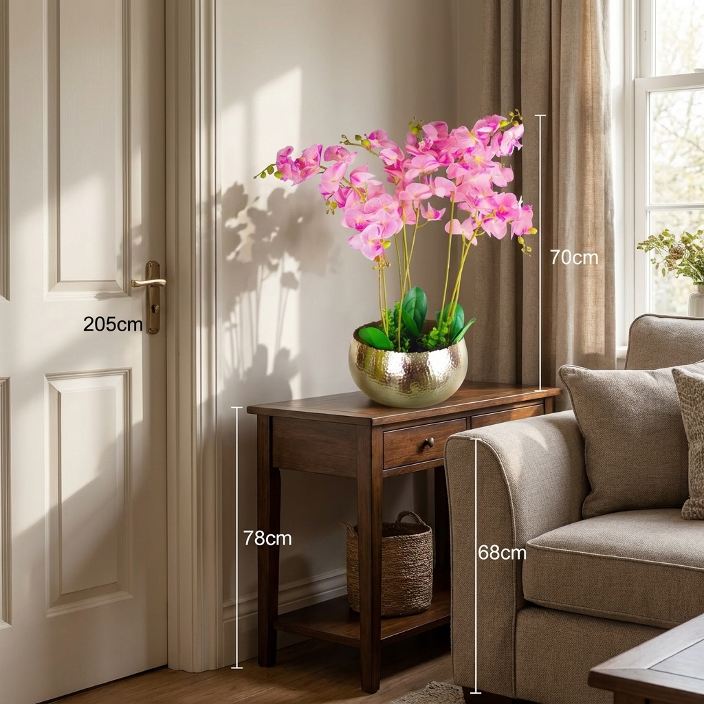 XL Artificial Orchid Set, Golden Metal Bowl Planter, 70cm - true scale lifestyle photo