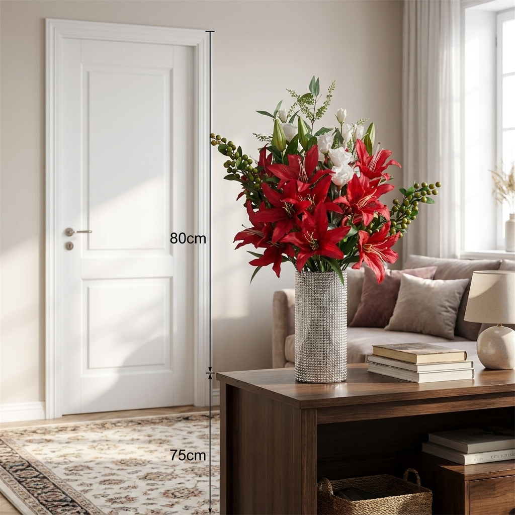 Red Lily & Silver Vase Arrangement Kit, 80cm - true scale lifestyle photo