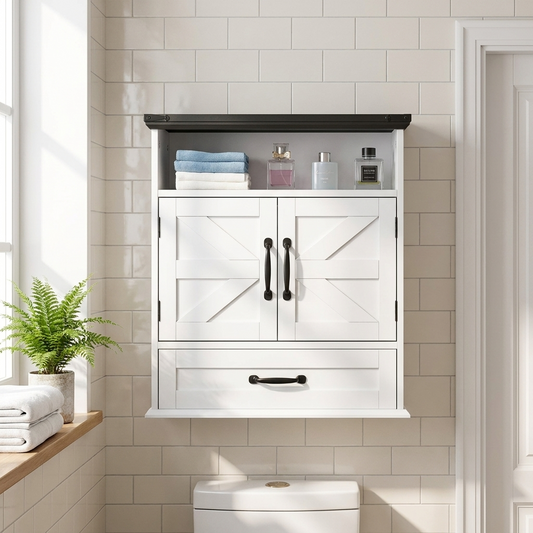 Bathroom Wall Cabinet, 2 Doors & Adjustable Shelf, Over the Toilet Storage Medicine Cabinet Wall Mounted, Hanging Organizer with Drawer & Open Partition for Laundry Room Kitchen Restroom, White