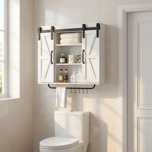 Bathroom Wall Cabinet, 2 Doors and Adjustable Shelf, Over the Toilet Storage Medicine Cabinet Wall Mounted, Hanging Organizer with Open Partition/Towel Bar/Hooks for Laundry Room Kitchen, White